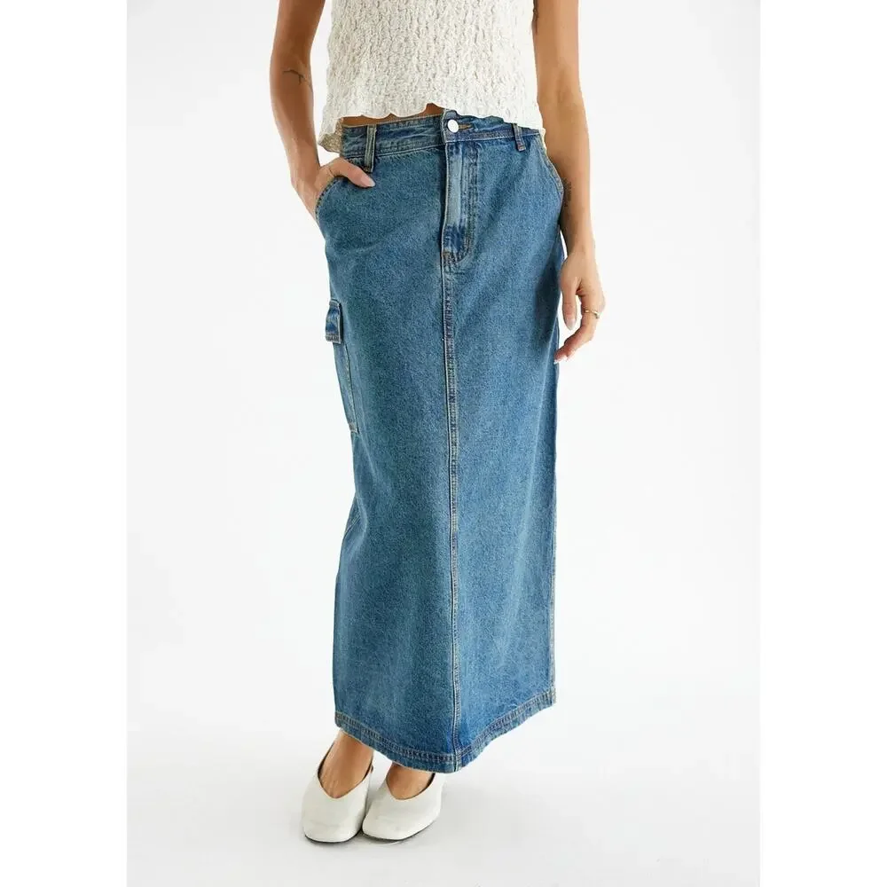 All Row‎ Denim Skirt | Womens Jules A Line Patch Pocket Skirt | Size L Large
